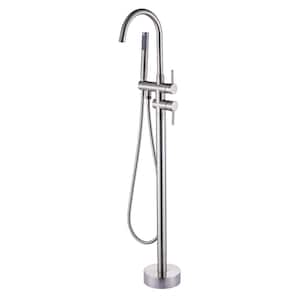 Double Handle Floor Mounted Claw Foot Freestanding Tub Faucet with Handheld Shower in Brushed Nickel