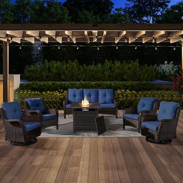 Opohoro ArcoBay 6-Piece Brown Wicker Patio Square Fire Pit Conversation Set with Navy Blue Cushions and Swivel Rocking Chairs
