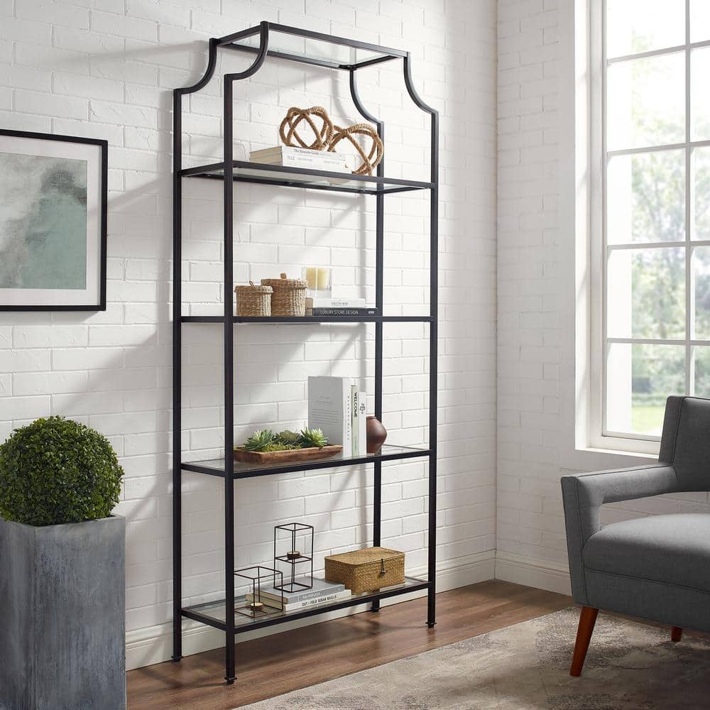 Black Steel Modern Pagoda-Style Etagere with Glass Shelves