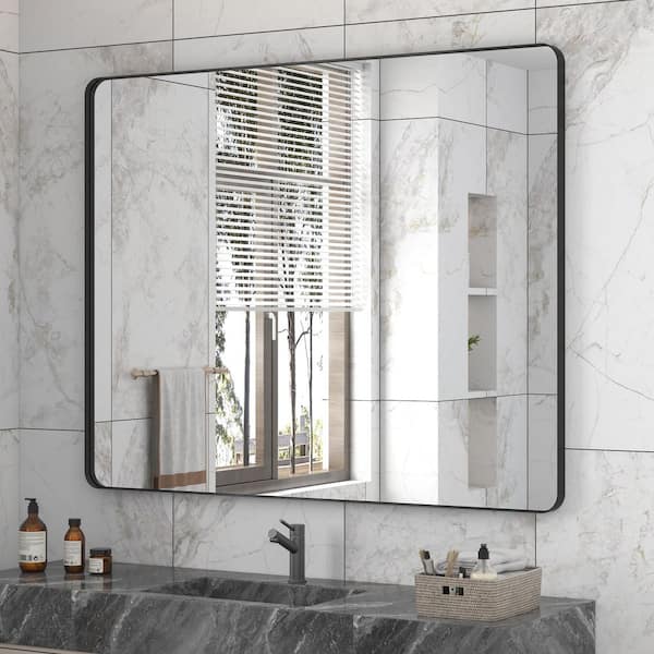 40 in. W x 32 in. H Rectangular Rounded corner Aluminum Framed Wall Mounted Bathroom Vanity Mirror in Black