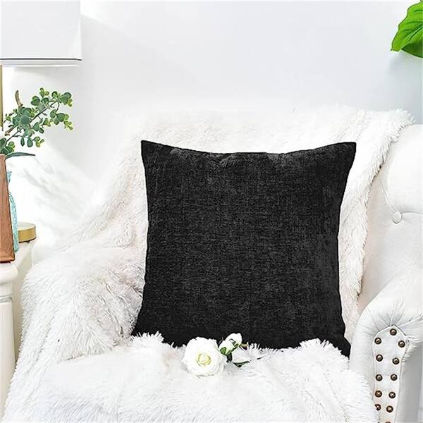 Outdoor Cozy Throw Pillow Covers Cases for Couch Sofa Home Decoration Solid Dyed Soft Chenille Black (2-Pack)