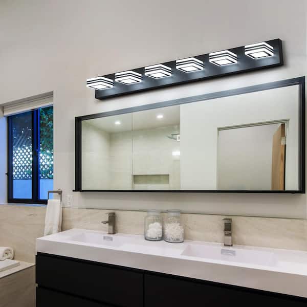 Sunpez 39.98 in. W Modern Bathroom Vanity Light Fixtures LED 6-Lights Matte Black Bathroom Lights Over Mirror 6000K Cool White