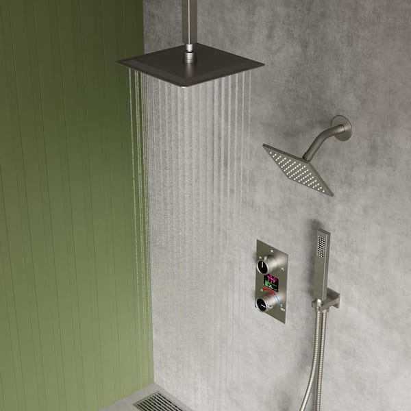 3-Spray 12 and 6 in. Dual Shower Head and Handheld Shower Head with LCD Display in Brushed Nickel(Valve Included)
