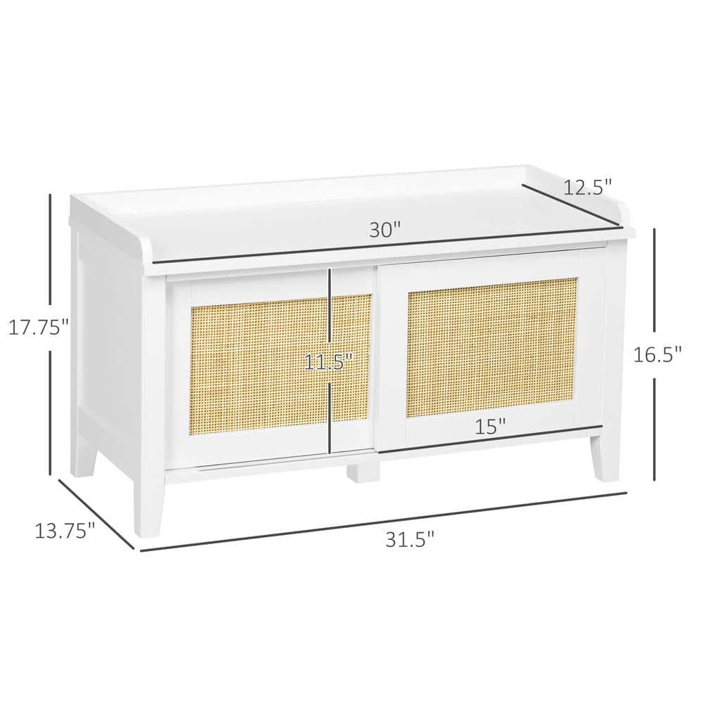White Pine Wood Shoe Storage Bench with Rattan Sliding Doors