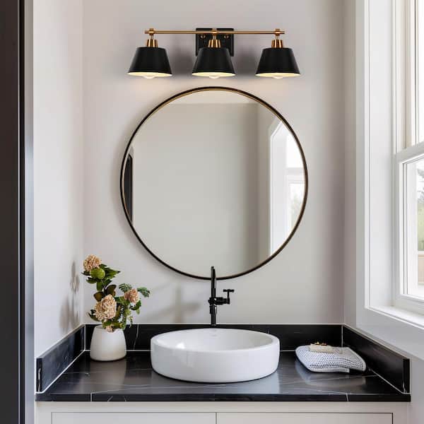 Modern 24.6 in. 3-Light Black Vanity Light with Bell Black Metal Shades Brass Wall Light for Bathroom and Powder Room