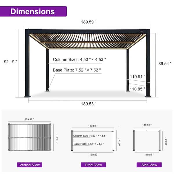PURPLE LEAF 10 ft. x 16 ft. Gray Aluminum Outdoor Louvered Pergola