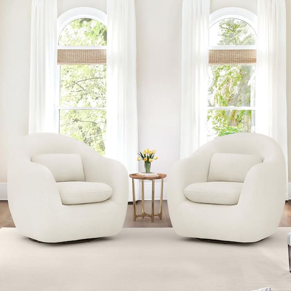 Alma Oversized White Fabric 360° Swivel Armchair High Density Foam Seat Accent Chair with Padded Backrest Set of 2