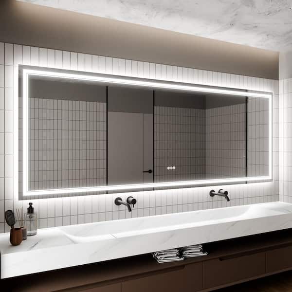 ANGELES HOME 96 in. W x 36 in. H Rectangular Frameless Anti-Fog Backlit Front Lighted Wall LED Bathroom Vanity Mirror, Tempered Glass