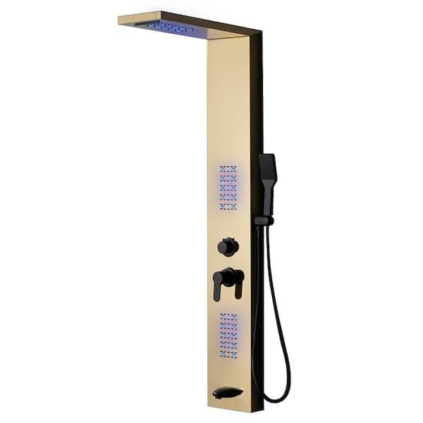 HOMEMYSTIQUE 4-in-1, 2-Jet Shower Panel Tower System with Led Rainfall Waterfall Shower Head, and Massage Body Jets in Black Gold