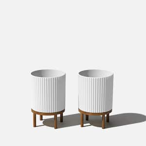 Demi 12 in. Raised with Stand Round White Plastic Planter with Brown Stand (2-Pack)