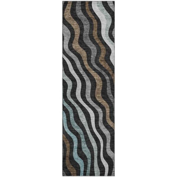 Mayfield Premium Machine Washable Abstract AMF2570 Black 2 ft. x 7 ft. Runner Rug