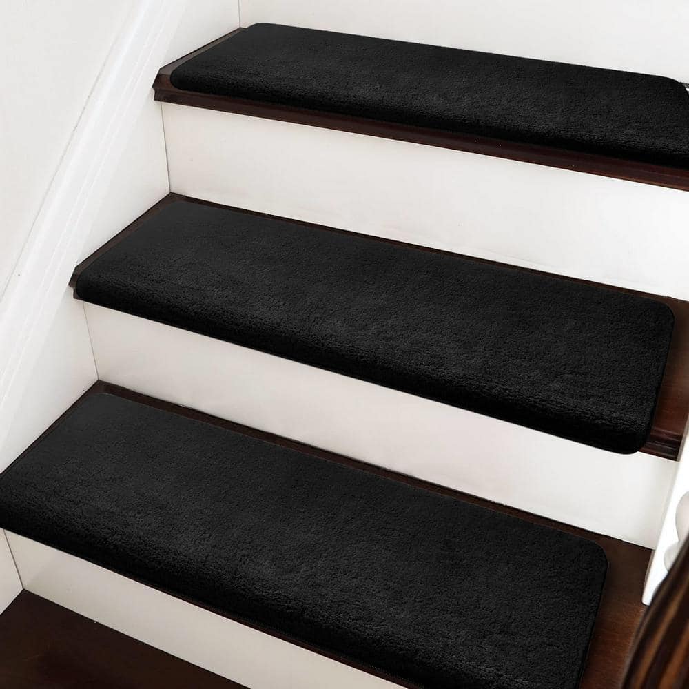 PURE ERA Bullnose Plush Carpet All Stair Treads Set of 14 Ultra Soft Non-Slip Self Adhesive Skid Resistant Tape Free 9.5  x 30 x1.2 Black