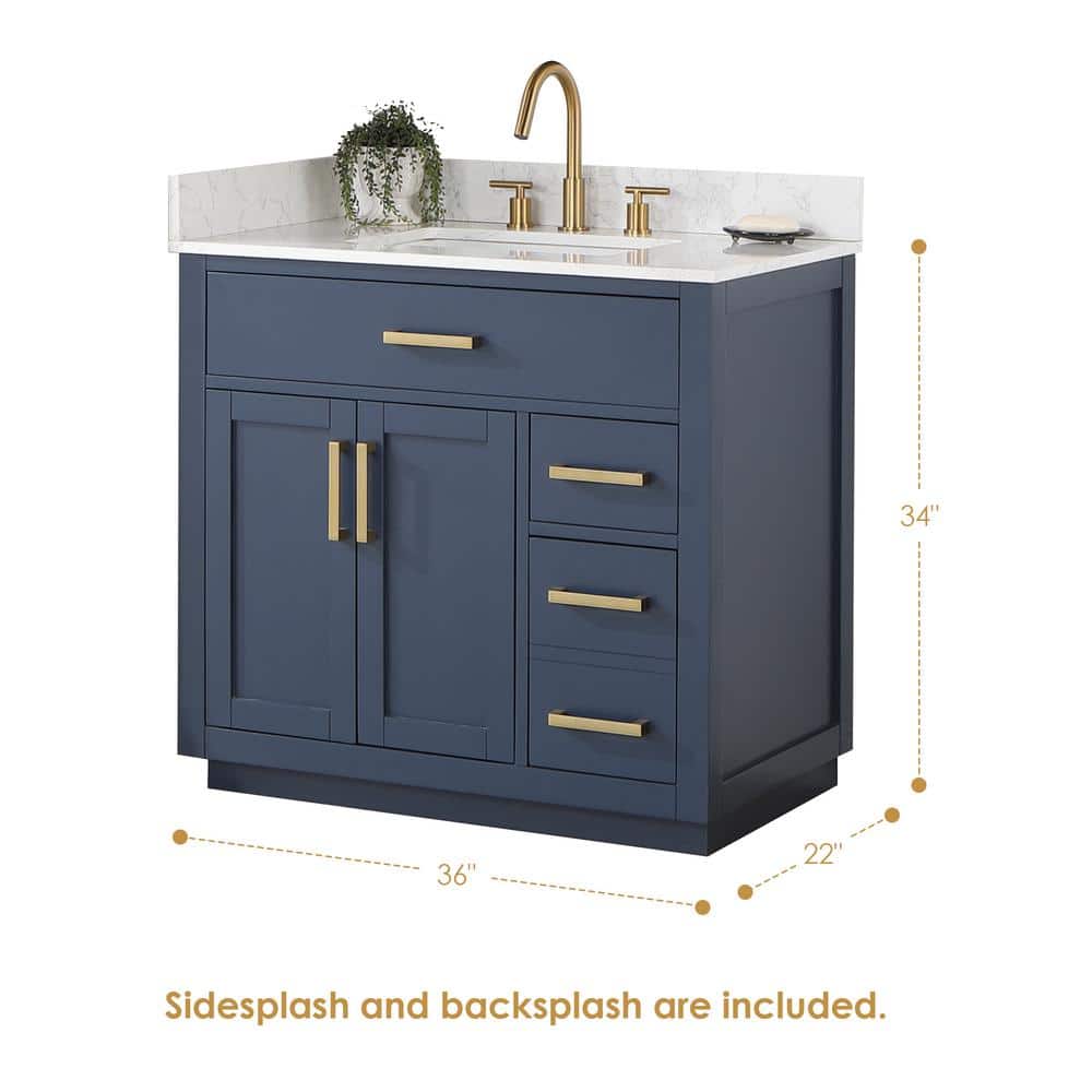 Royal Blue 36" Freestanding Vanity with Grain White Top & Gold Accents