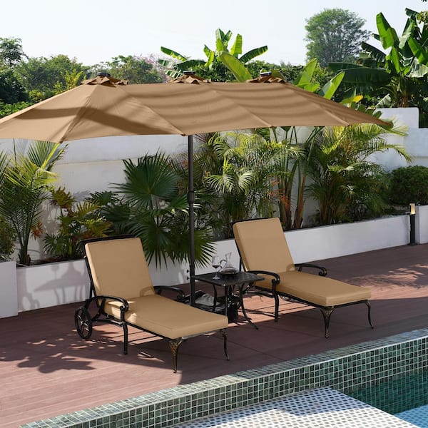 Antique Bronze Cast Aluminum Outdoor Chaise Lounge with Wheels Adjustable Reclining and Beige Cushion