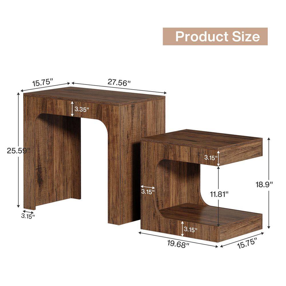 Andrea 27.6 in. Rustic Brown Rectangle Wood Nesting End Table, 2-Piece Side Table Small Coffee Table for Living Room - thumbnail 4