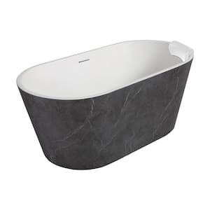 Finley 59 in. x 28.75 in. Soaking Bathtub with Center Drain in Gloss Marble Grey with Pillow