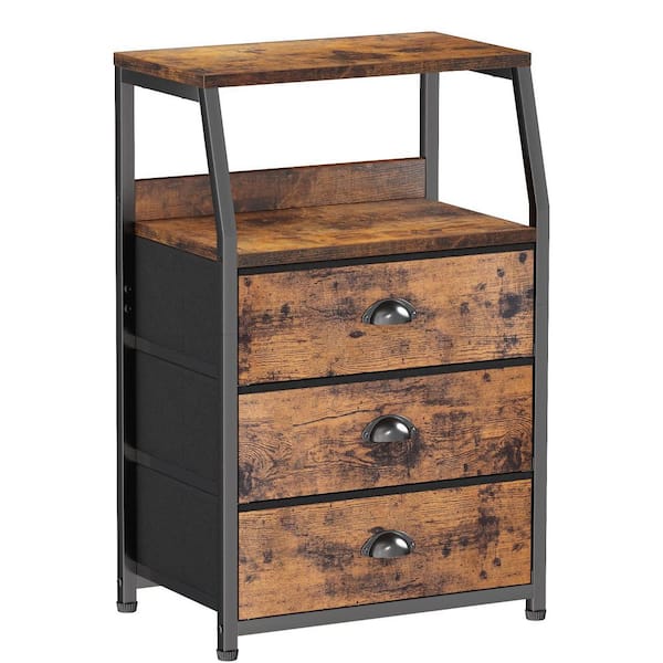 16.1 in. W x 11.5 in. D x 28.3 in. H Nightstand in Brown with 3 Fabric Steel Frame Drawers and 2-Tier Wood Top Shelf