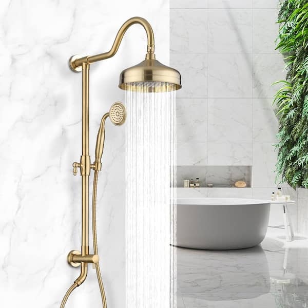 2-Spray 8 in. Round Rain Shower Head with Hand Shower in Brushed Gold (Valve Not Included)