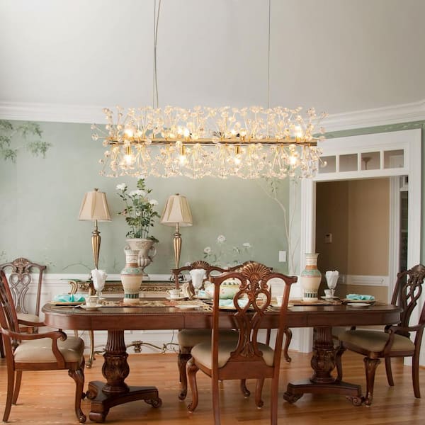12-Light Gold Modern Glam Pendant Dandelion Firework Crystal Chandelier for Dining Room