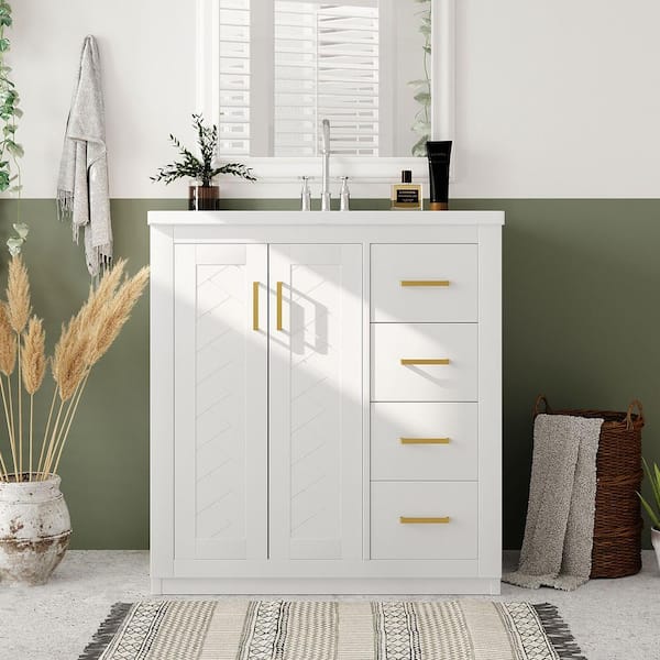 EPOWP 30 in. W x 18 in. D x 34 in. H Freestanding Bath Vanity in White with White Ceramic Top Single Basin Sink and Storage