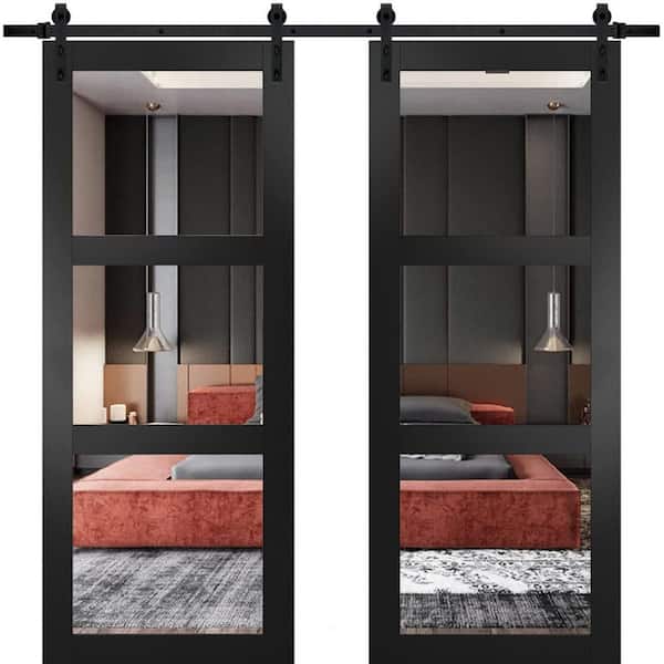 32 in. x 84 in. 2 Panel Clear Glass Black Matte Solid Wood Sliding Barn Door with Hardware Kit