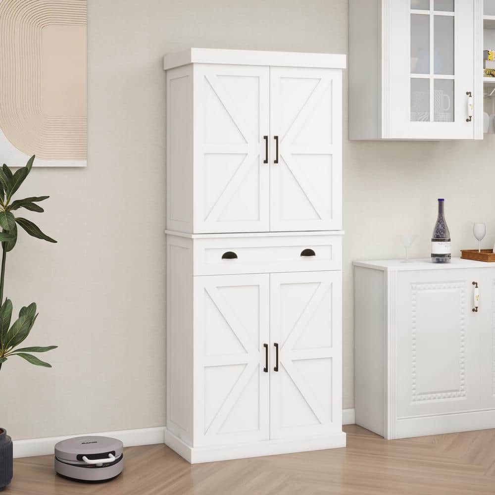 71 in. H White Kitchen Pantry Organizers Cabinet with Four Doors and One Dr