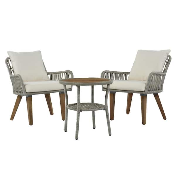 Utopia 4niture Tomie 3-Piece Gray Aluminum Round Table Outdoor Bistro Set with Beige Cushions