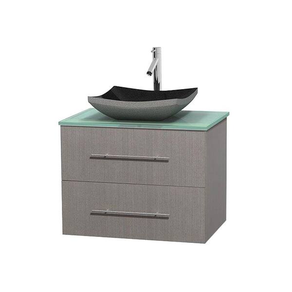 Wyndham Collection Centra 30 in. Vanity in Gray Oak with Glass Vanity Top in Green and Black Granite Sink