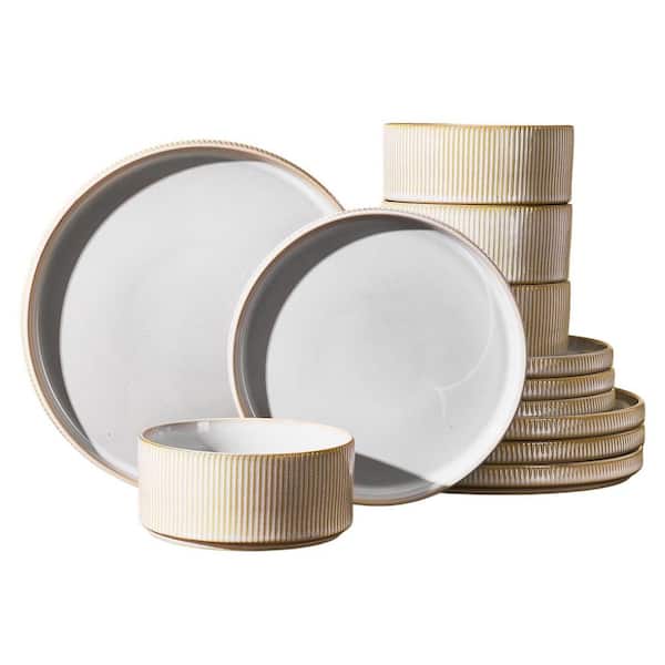 12-Piece Cappuccino White Stoneware Dinnerware Sets (Service for 4), Handcrafted Double Reactive Glaze Plates and Bowls