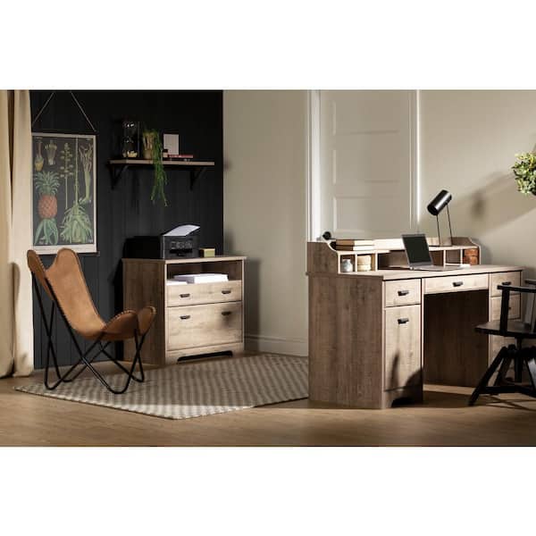 South Shore Versa Computer Office Desk with Power Bar, 59.5 in. rectangular Weathered Oak Particleboard 3-Drawers Desk 59.25 in