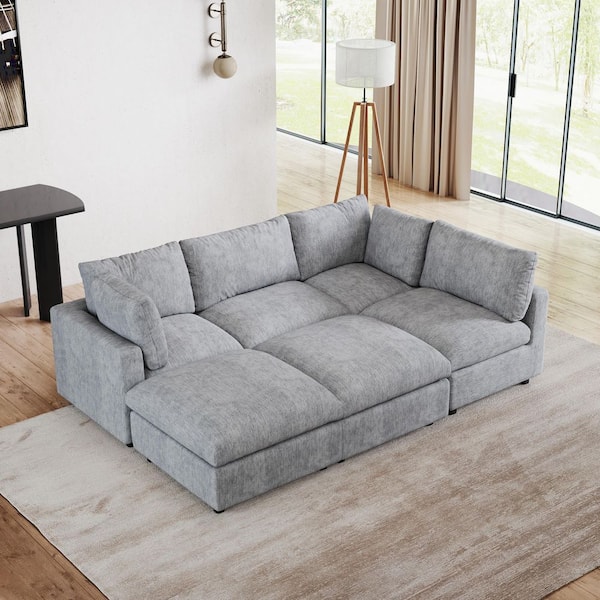 100 in. Square Arm 6-Piece Chenille U-Shaped Modualr Sectional Sofa with Washable Cover, Ottoman in Gray for Living Room