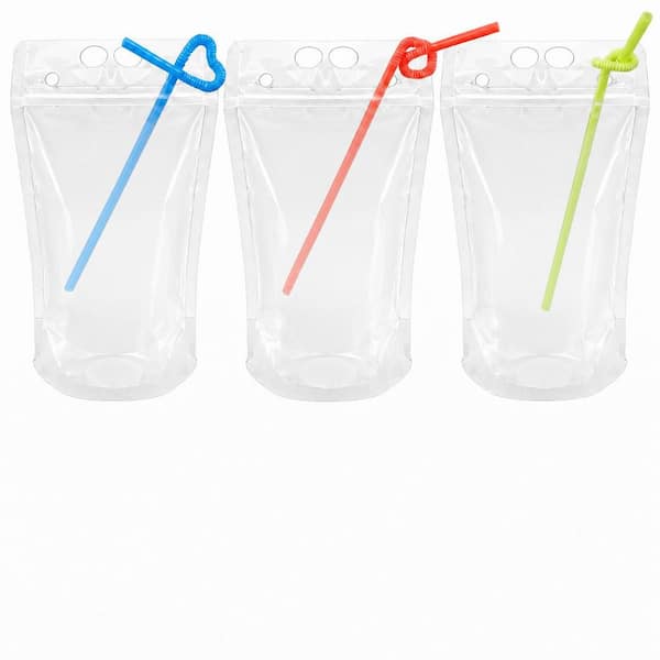 100 Drink Pouches with 100 Straws, Reclosable Juice and Liquor Pouches for Adults