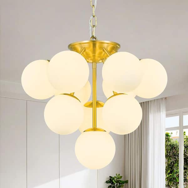 Home Lighting 40W 10-Light 17.32 in. Modern Gold Glass Semi-Recessed Chandelier Light-for Bedroom and Living Room