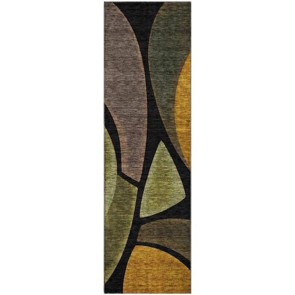 Mayfield Premium Machine Washable Abstract AMF2537 Black 2 ft. x 7 ft. Runner Rug