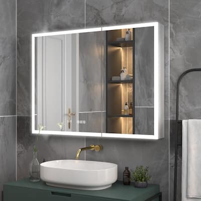 40 in. W x 30 in. H Rectangular Silver Aluminum Recessed/Surface Mount Medicine Cabinet with Mirror, LED and Clock