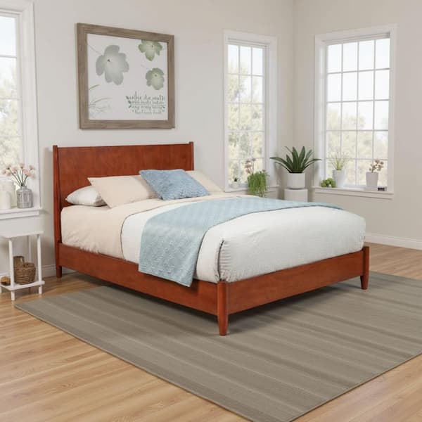 Brown Wood Frame King Size Platform Bed with Panel Headboard