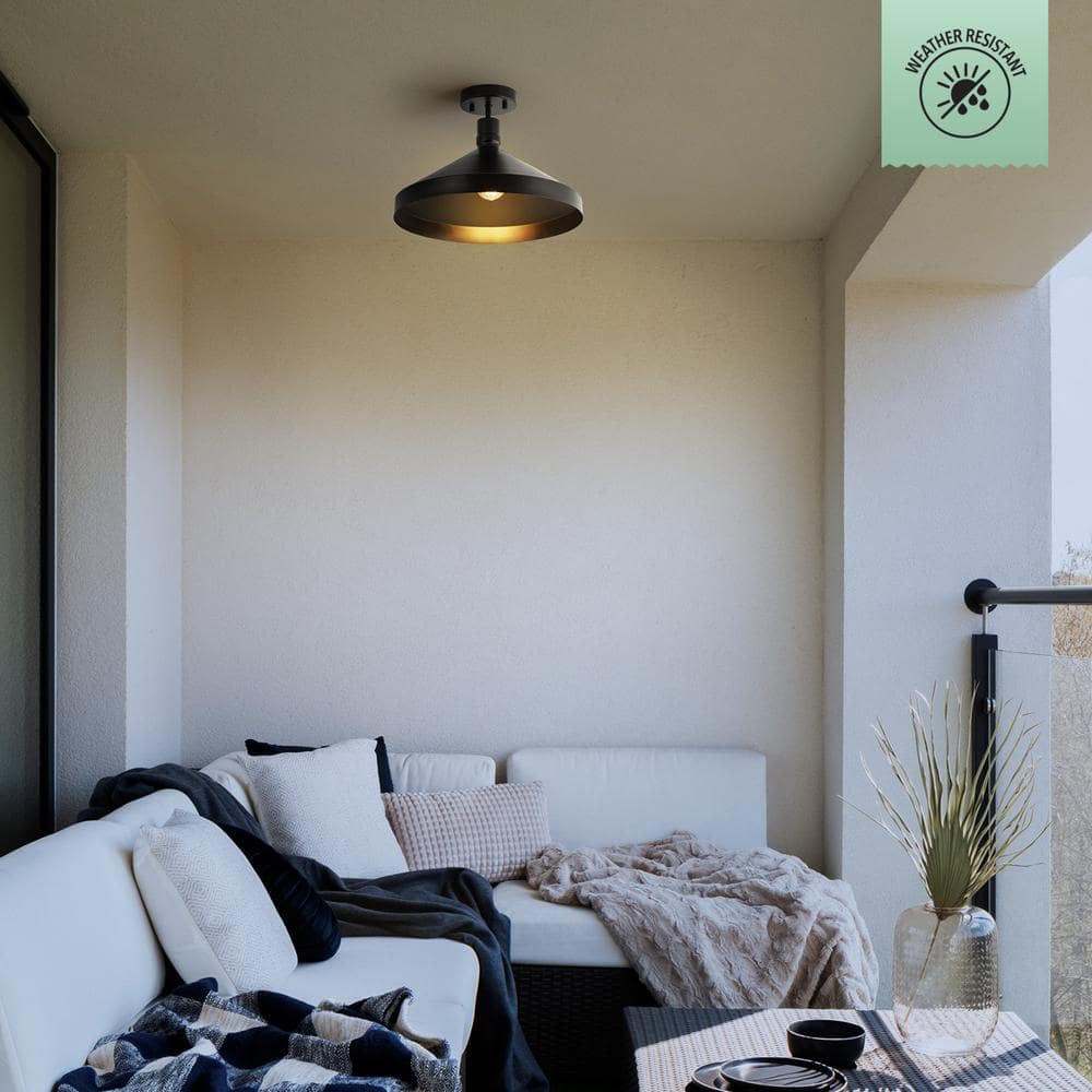 Matte Black Metal 15'' Outdoor Flush Mount Ceiling Light