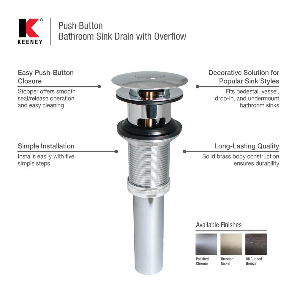 Chrome Push Button Bathroom Sink Drain with Overflow