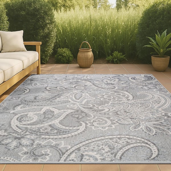 Gordes Paisley High-Low Light Gray/Ivory 3 ft. x 5 ft. Indoor/Outdoor Area Rug
