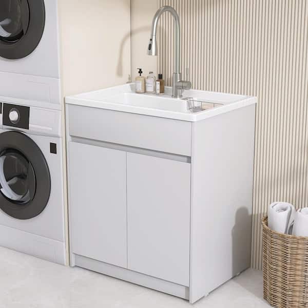 30 in. W x 22 in. D Solid Surface Drop-In Laundry/Utility Sink and Cabinet with Cold Hot Water Faucet and Drain in White