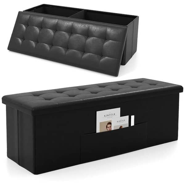 Black 45 in. x15 in. x15 in. Large Folding Storage Faux Leather Ottoman Pouffe Box Stool