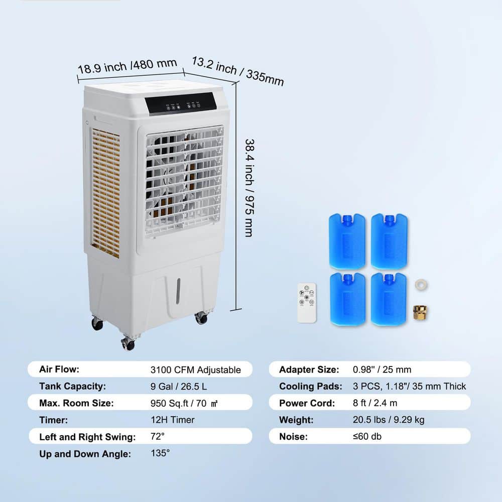 VEVOR 3100 CFM White Portable Evaporative Air Cooler with Remote Control