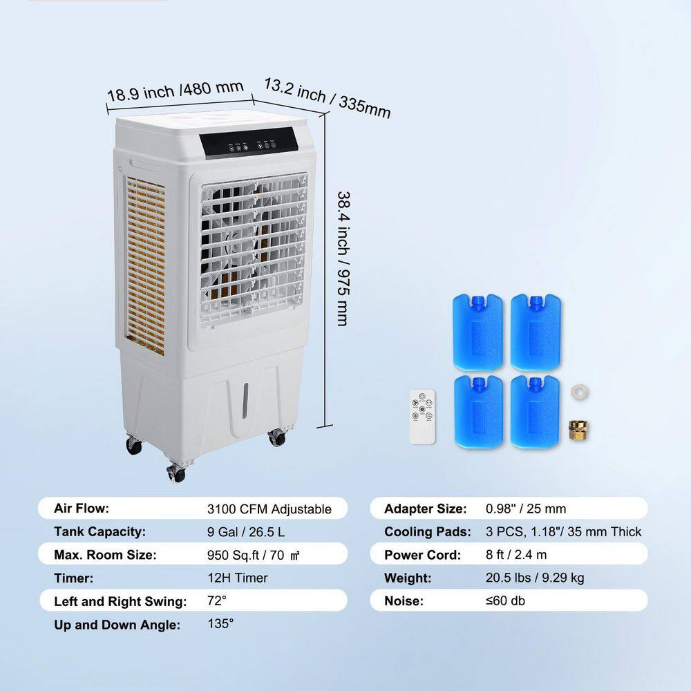 VEVOR 3100 CFM White Portable Evaporative Air Cooler with Remote Control