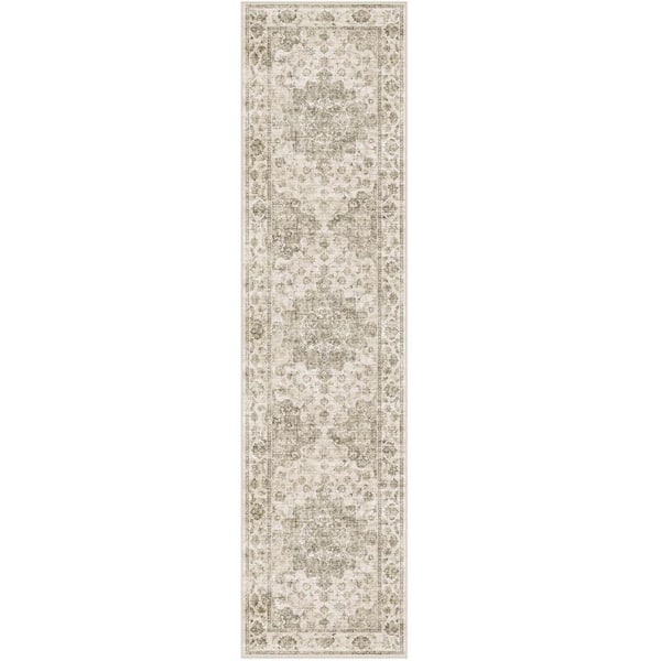 HaiiMeid Juliet Taupe 2 ft. x 8 ft. Vintage Washable Medallion Distressed Runner Rug