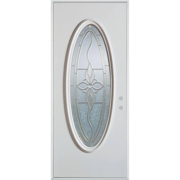 Stanley Doors 32 in. x 80 in. Traditional Brass Oval Lite Painted White Left-Hand Inswing Steel Prehung Front Door