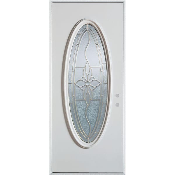 Stanley Doors 32 in. x 80 in. Traditional Patina Oval Lite Painted White Left-Hand Inswing Steel Prehung Front Door