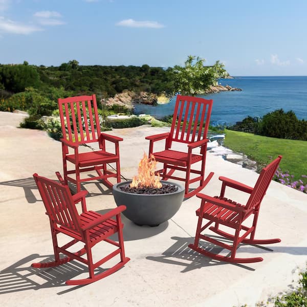 LUE BONA Orson Red Acacia Wood Classic Adirondack Weather-Resistant Outdoor Porch Rocker Outdoor Rocking Chair (Set of 4)
