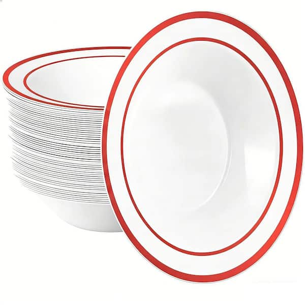 50-Pack 12 fl. oz. Plastic Bowls with Red Rim, Disposable Soup & Dessert Bowls for Weddings, Parties and Everyday Use