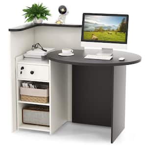 27.5 in Front Reception Counter Desk Checkout Black & White Office Desk w/Open Shelf & Lockable Drawer