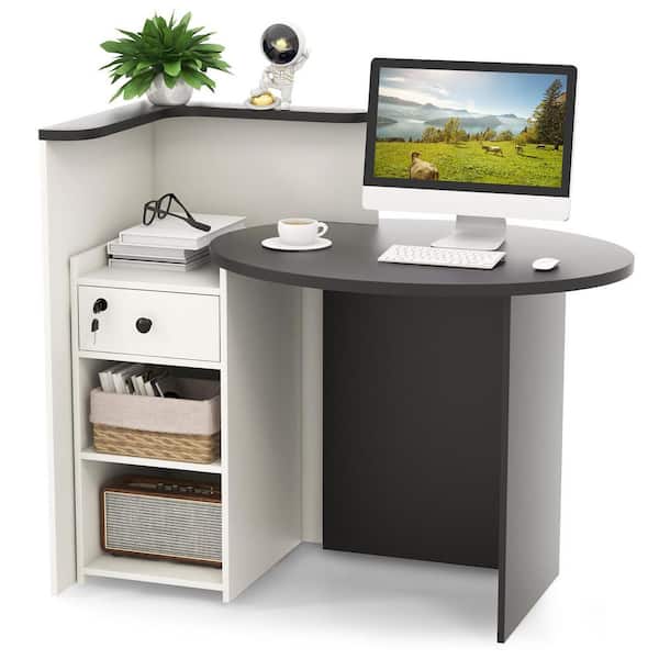 Gymax 27.5 in Front Reception Counter Desk Checkout Black & White Office Desk w/Open Shelf & Lockable Drawer